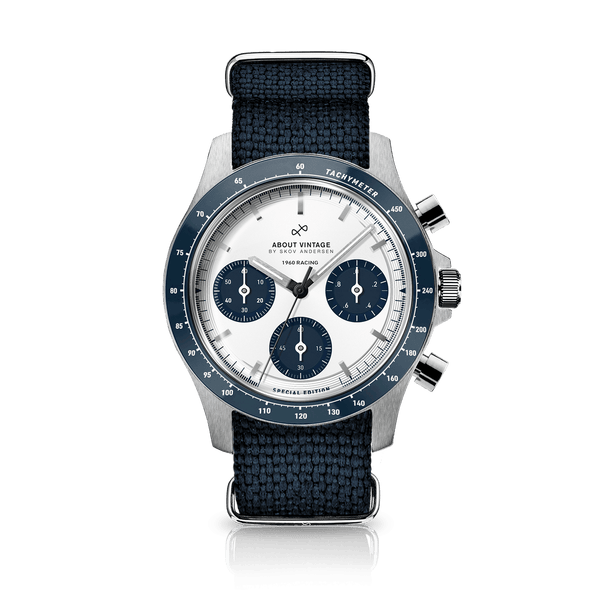 About Vintage 1960 Racing Chronograph, Steel / Navy & White